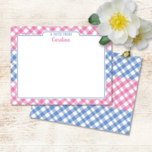 Pink  Cornflower Blue Preppy Gingham Stationery Note Card