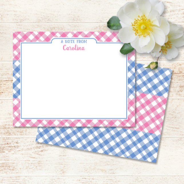 Pink & Cornflower Blue Preppy Gingham Stationery Note Card (Pink & Cornflower Blue Gingham Flat Note Cards)