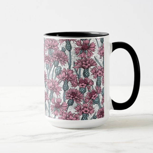 Pink cornflowers, wild flowers on white mug (Right)