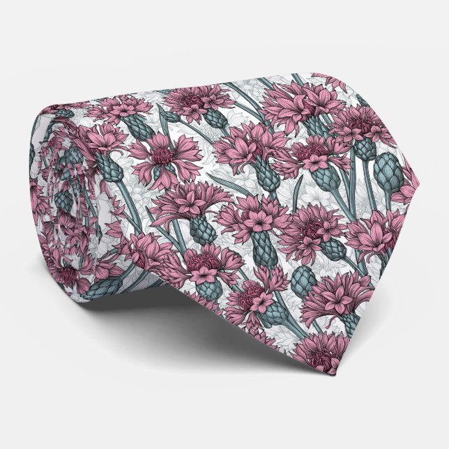 Pink cornflowers, wild flowers on white neck tie (Rolled)