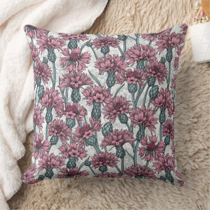 Pink cornflowers, wild flowers on white throw pillow