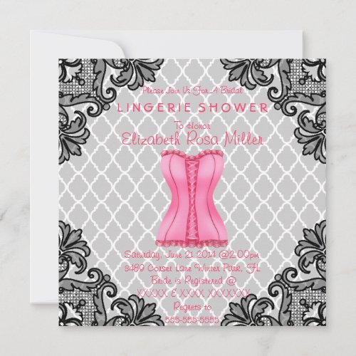 Pink Corset &amp; Black Lace Lingerie Bridal Shower Personalized Invitation