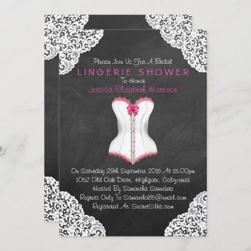 Pink Corset White Lace Chalkboard Lingerie Shower Invitation