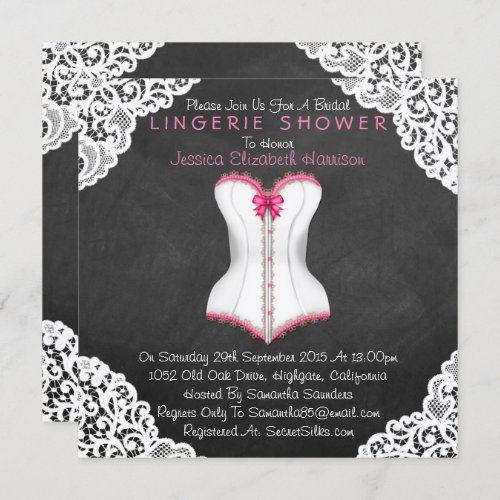 Pink Corset White Lace Chalkboard Lingerie Shower Invitation