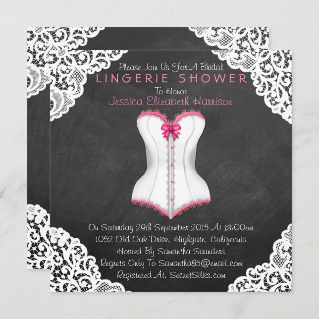 Pink Corset White Lace Chalkboard Lingerie Shower Invitation (Front/Back)