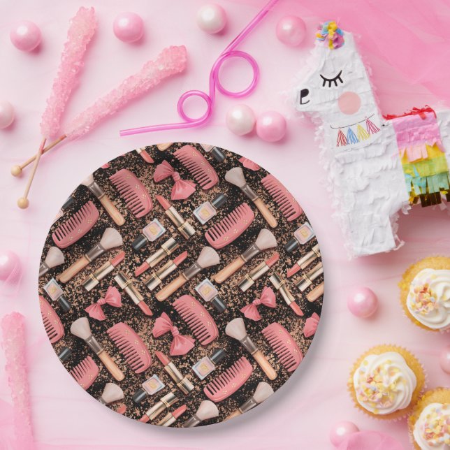 Pink Cosmetics Pattern Glitter  Paper Plates (Party)