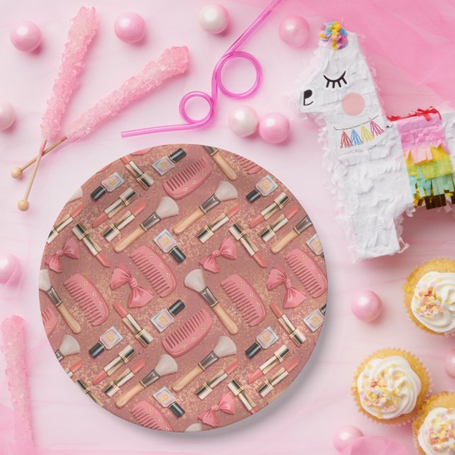 Pink Cosmetics Pattern Glitter  Paper Plates (Party)