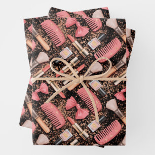 Pink Cosmetics Pattern Glitter  Wrapping Paper Sheets