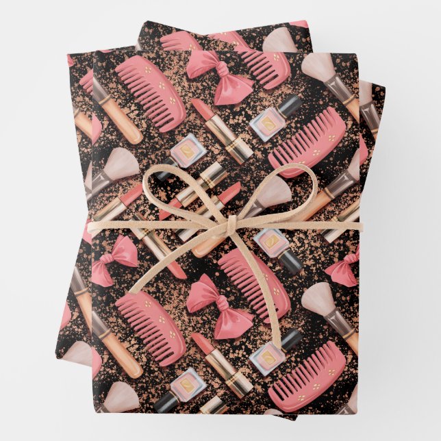 Pink Cosmetics Pattern Glitter  Wrapping Paper Sheets (In situ)