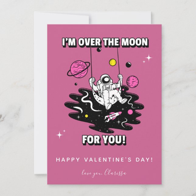 Pink Cosmic Astronaut Galaxy Valentines Day Rocket Holiday Card (Front)