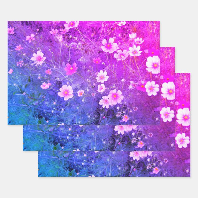Pink Cosmos bipinnatus Flowers in Full Bloom Wrapping Paper Sheets (Set)