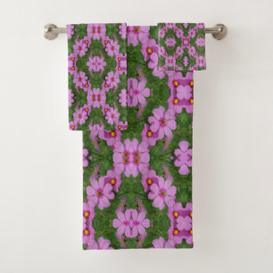 Pink Cosmos Daisy Flowers Abstract Nature  Bath Towel Set