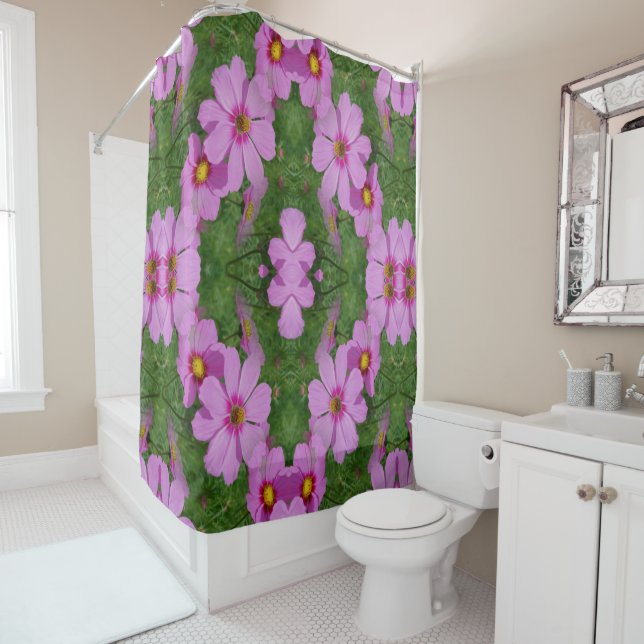Pink Cosmos Daisy Flowers Abstract Nature  Shower Curtain (In Situ)
