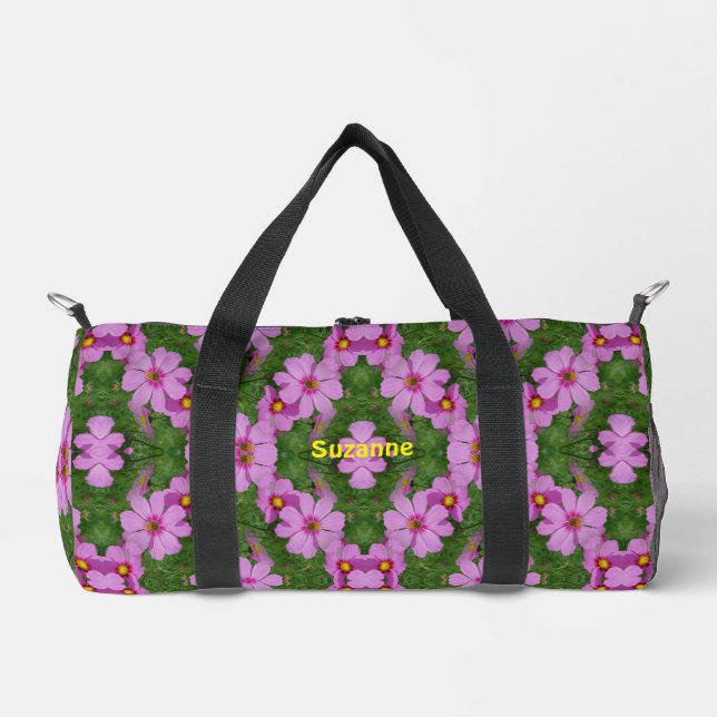 Pink Cosmos Daisy Flowers Abstract Personalized Duffle Bag (Front)