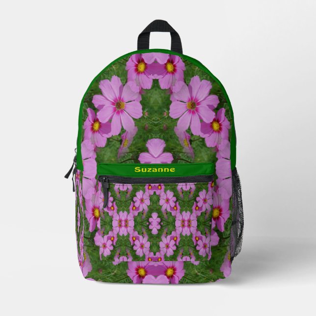Pink Cosmos Daisy Flowers Abstract Personalized Printed Backpack (Front)