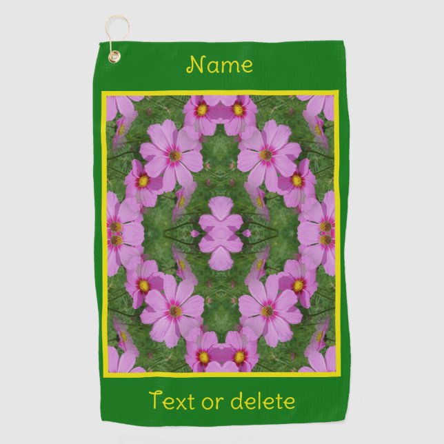 Pink Cosmos Daisy Flowers Nature Personalized Golf Towel (Front)