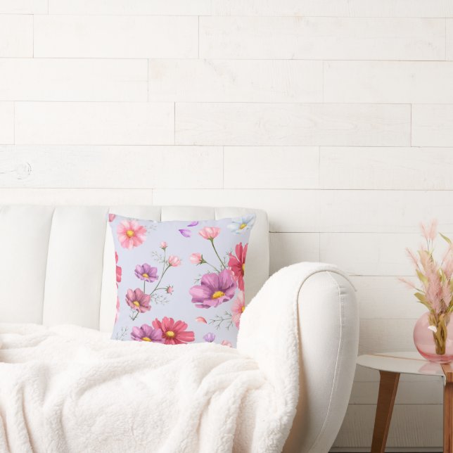 Pink Cosmos Flower Pattern Throw Pillow (Couch)
