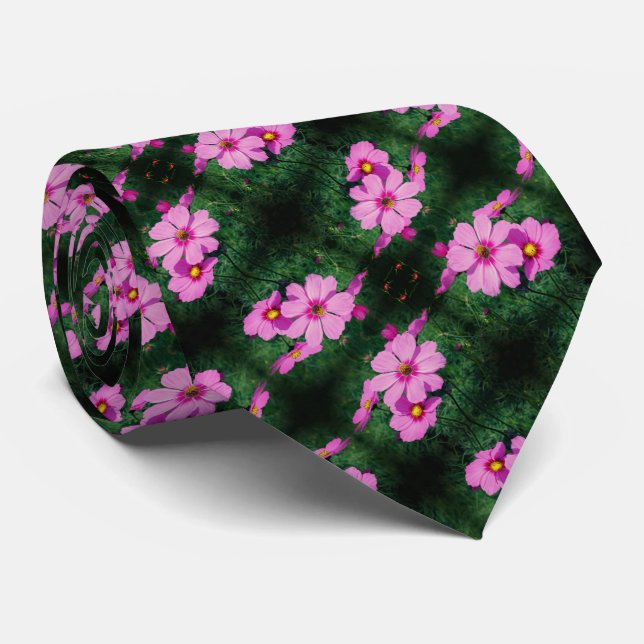 Pink Cosmos Flowers Abstract Pattern    Neck Tie (Rolled)