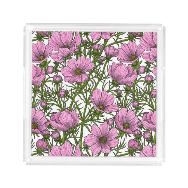 Pink Cosmos flowers Acrylic Tray (Front)
