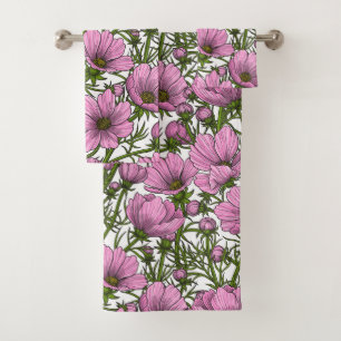 Pink Cosmos flowers Bath Towel Set