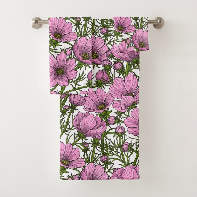Pink Cosmos flowers Bath Towel Set (Insitu)
