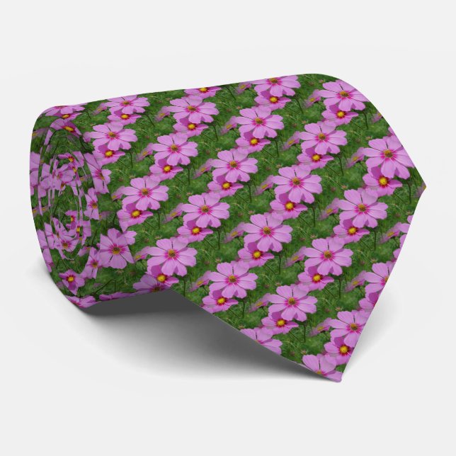 Pink Cosmos Flowers Nature Pattern    Neck Tie (Rolled)