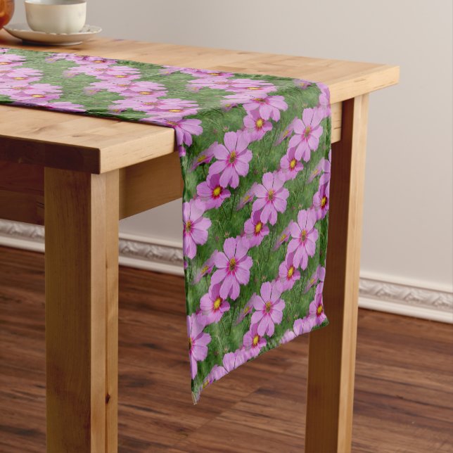 Pink Cosmos Flowers Nature Pattern Short Table Runner (In Situ)
