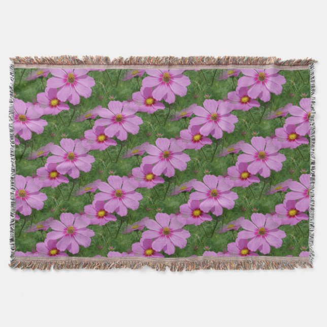 Pink Cosmos Flowers Nature Pattern Throw Blanket (Front)