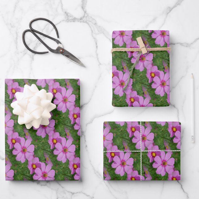 Pink Cosmos Flowers Nature Pattern  Wrapping Paper Sheets (Front)