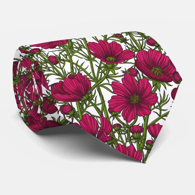 Pink Cosmos flowers Neck Tie (Rolled)
