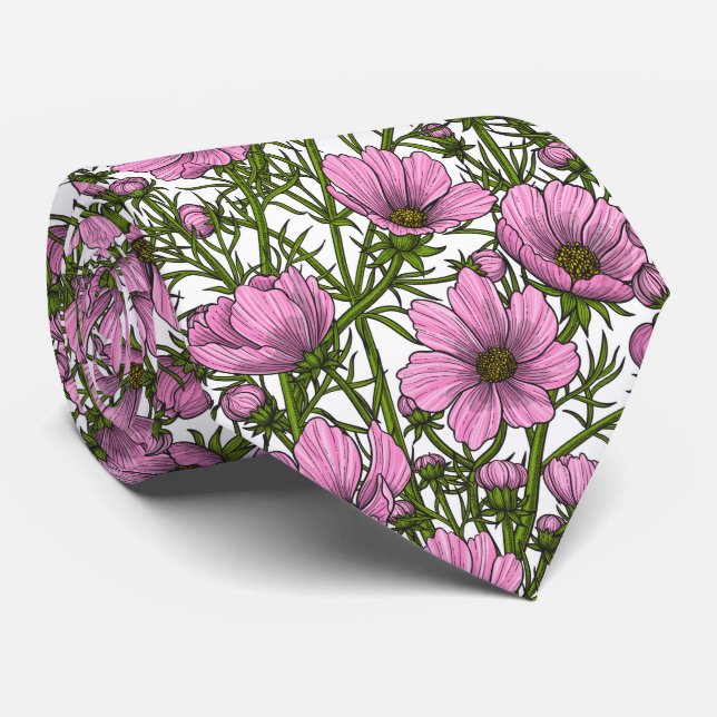 Pink Cosmos flowers Neck Tie (Rolled)