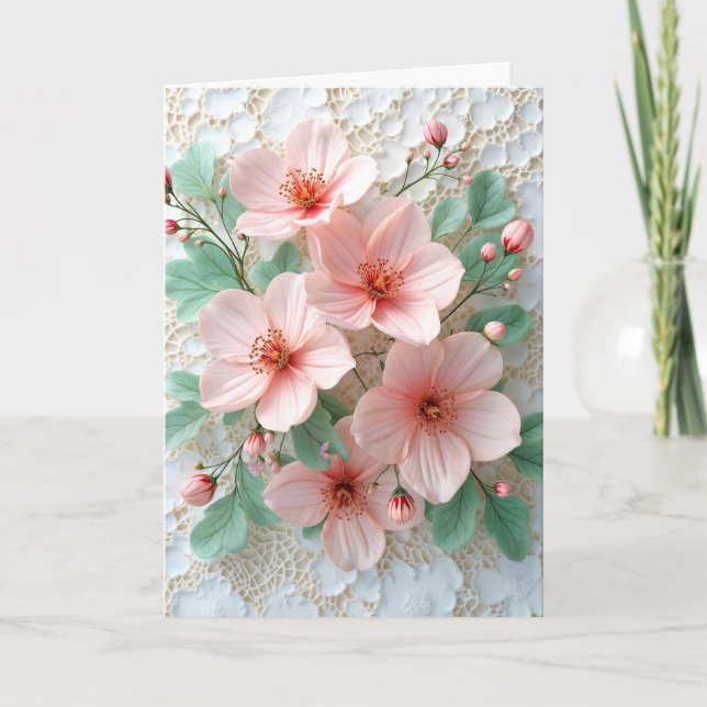 Pink Cosmos Flowers On White Bridal Lace Card (Front)