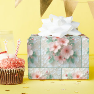 Pink Cosmos Flowers On White Lace Wrapping Paper