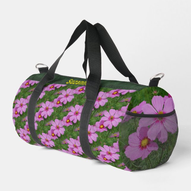 Pink Cosmos Flowers Pattern Personalized   Duffle Bag (Right Corner)
