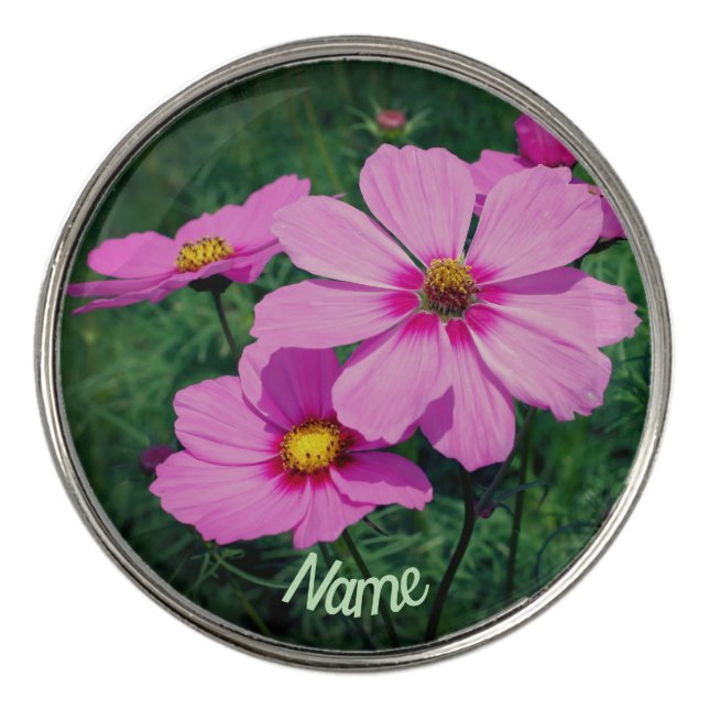 Pink Cosmos Flowers Personalized  Golf Ball Marker (Front)