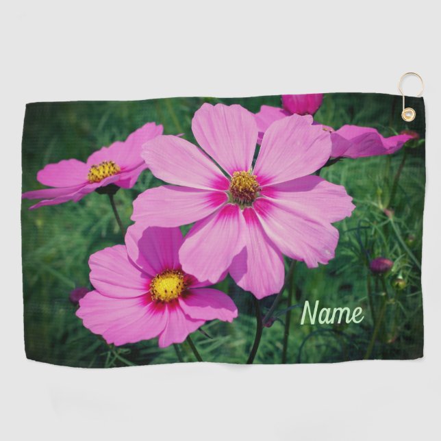 Pink Cosmos Flowers Personalized  Golf Towel (Horizontal)