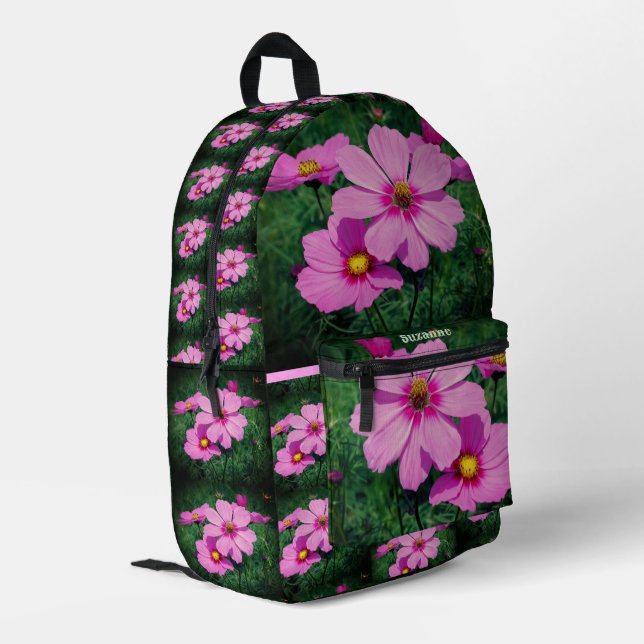Pink Cosmos Flowers Personalized Printed Backpack (Back Corner Left)