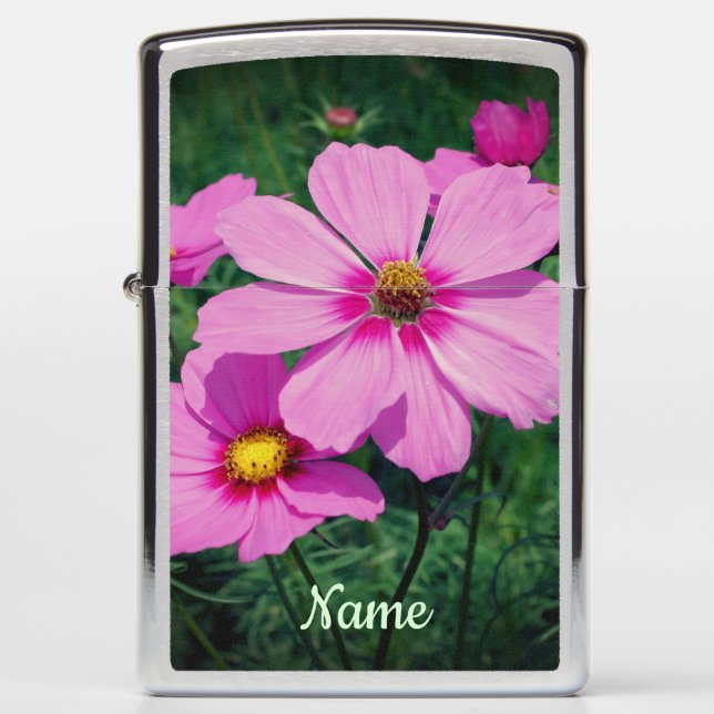 Pink Cosmos Flowers Personalized Zippo Lighter (Front)