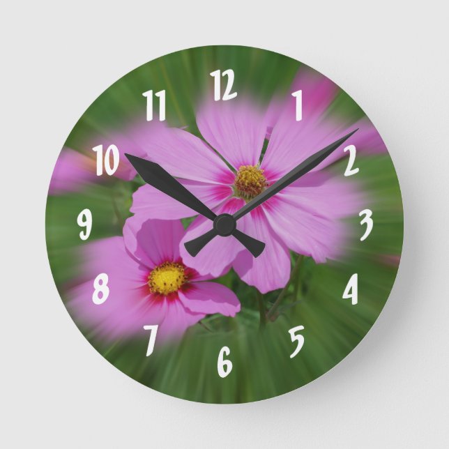 Pink Cosmos Flowers Round Clock (Front)