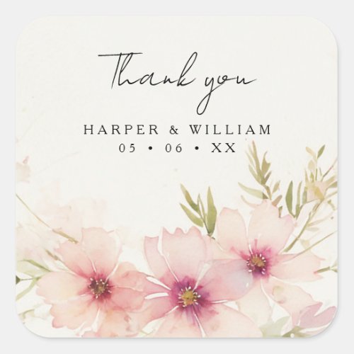 Pink cosmos flowers wedding thank you square sticker