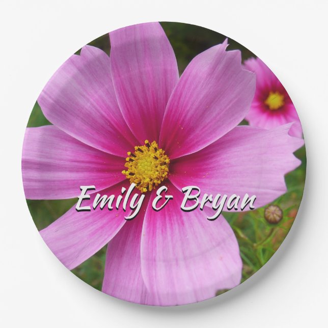 Pink Cosmos Flowers Wildflower Paper Plates (Front)