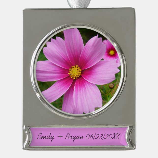 Pink Cosmos Flowers Wildflower Silver Plated Banner Ornament (Front)