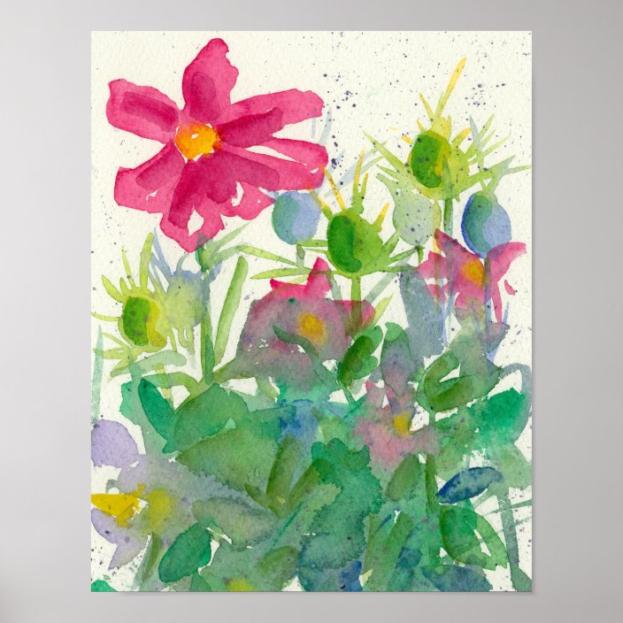Pink Cosmos Nigella Watercolor Flower Painting Poster Zazzle Com