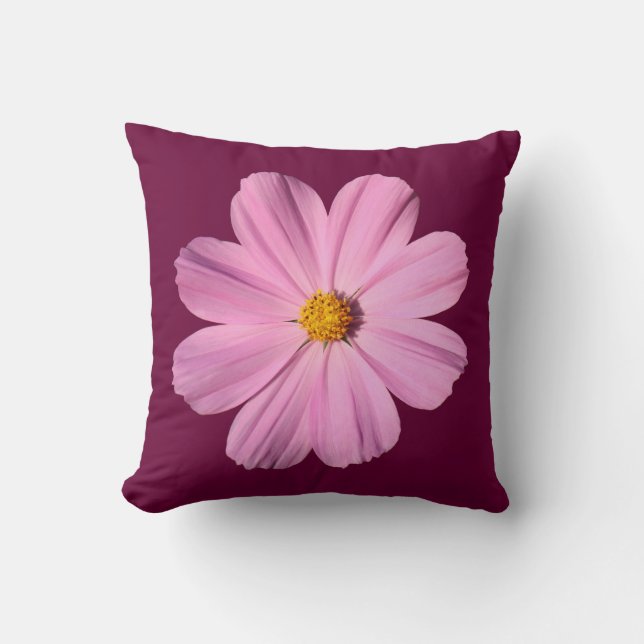 Pink Cosmos - On Wine Red Throw Pillow (Front)