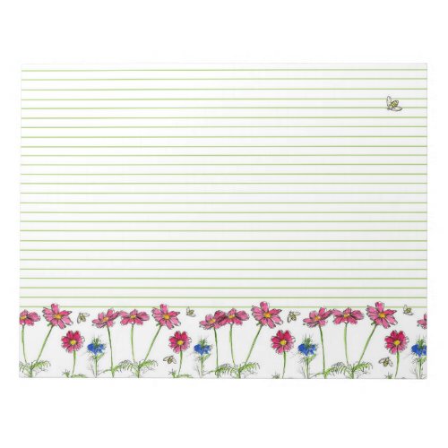 Pink Cosmos Watercolor Flowers Honey Bees Lined Notepad