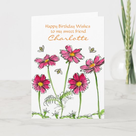 Pink Cosmos Watercolor Flowers Personalized Name Card