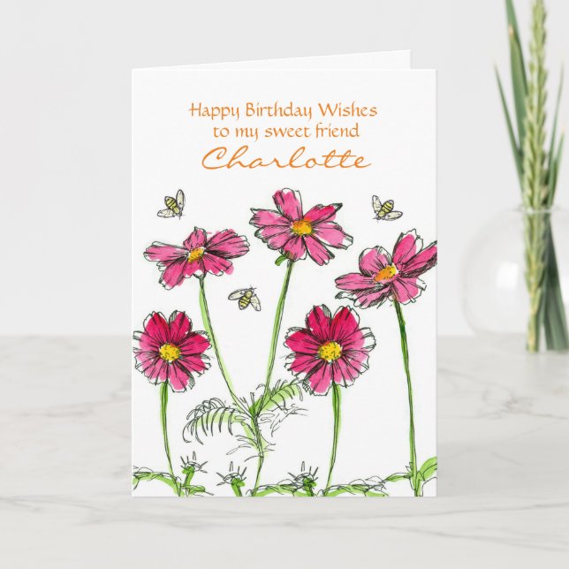 Pink Cosmos Watercolor Flowers Personalized Name Card (Front)