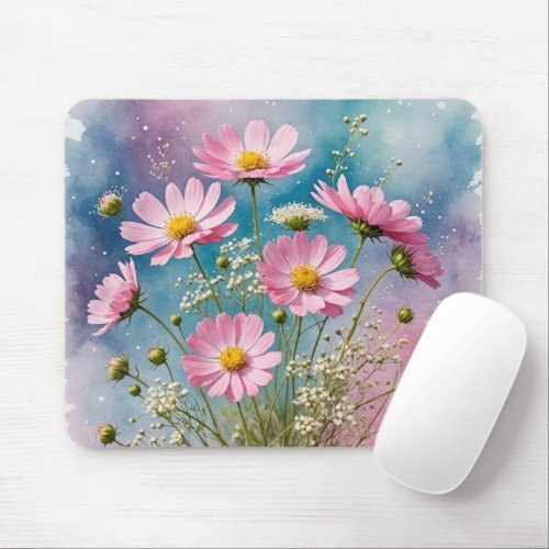 Pink Cosmos Watercolor Mouse Pad