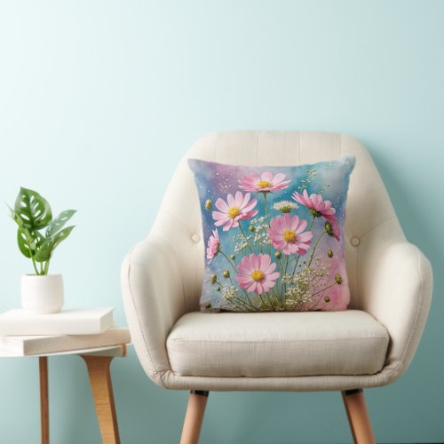 Pink Cosmos Watercolor Throw Pillow