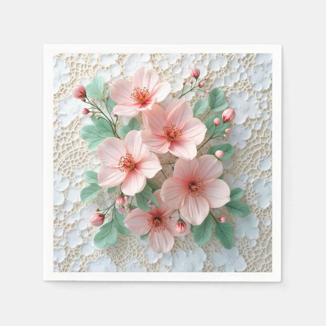 Pink Cosmos Wedding Flowers On Lace Napkins (Front)